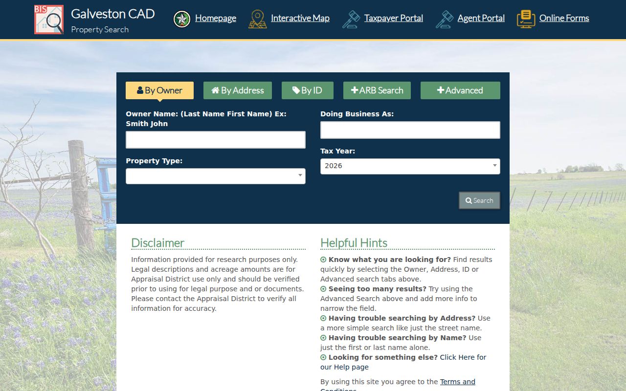 Texas City residents directory GCAD property search fields