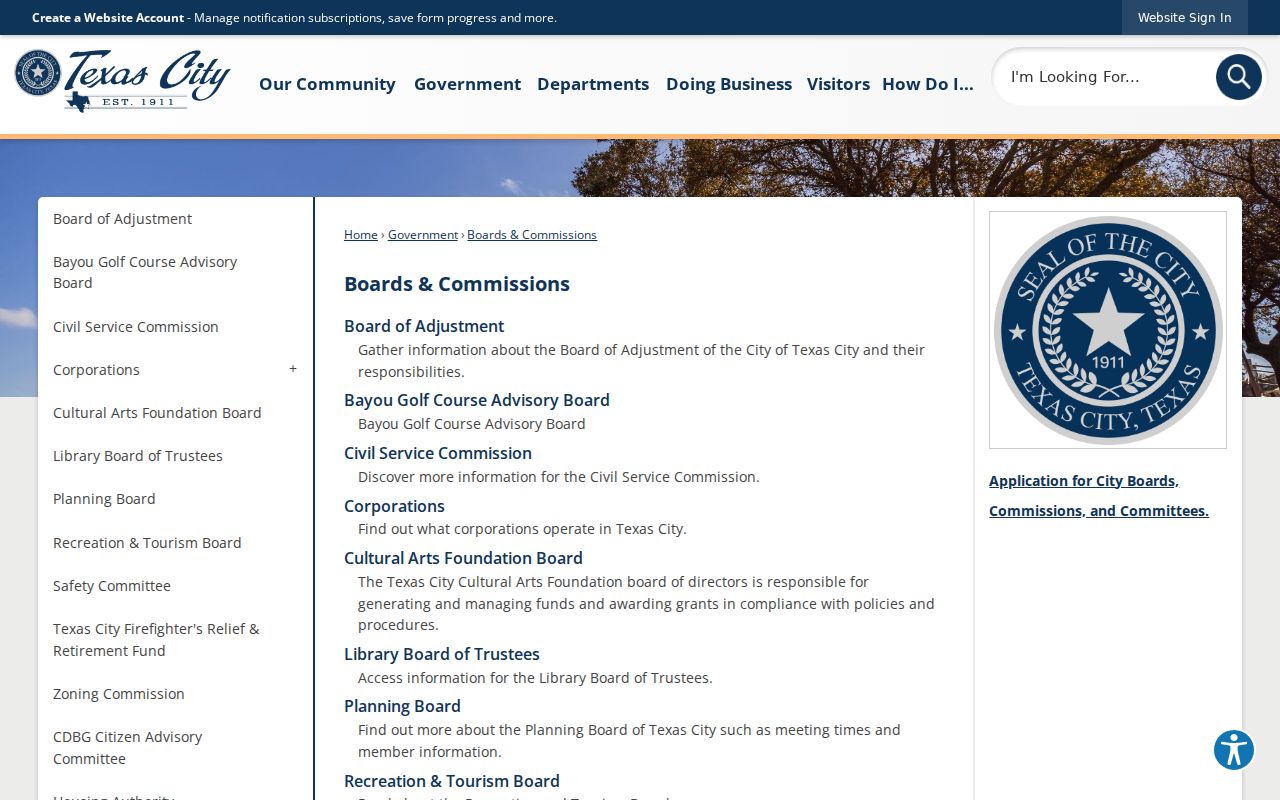 Texas City neighbors reference showing public boards and commissions information