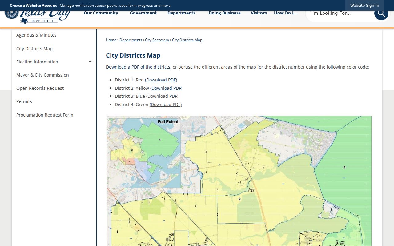Texas City neighbors reference showing the Commission Districts map