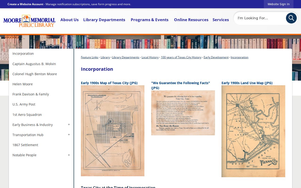 Texas City previous residents reference showing local incorporation history and historic maps