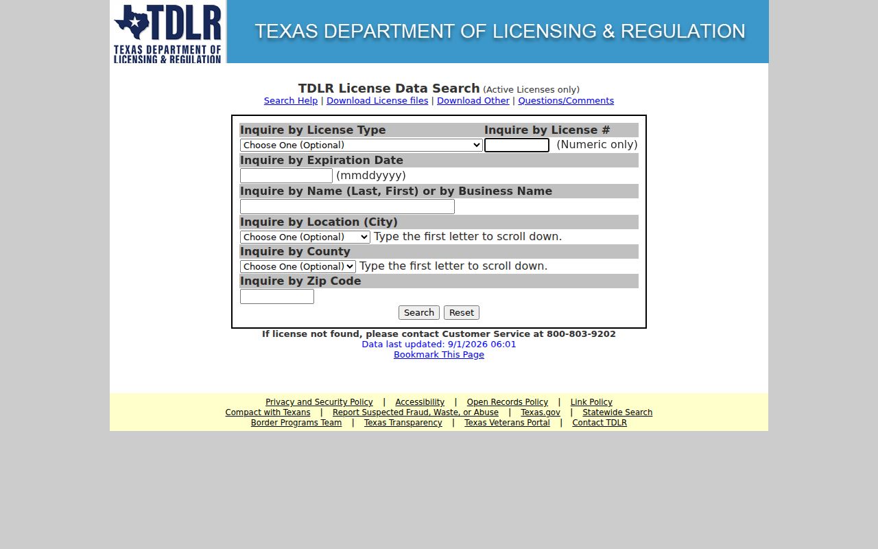 Texas City resident lookup through the Texas TDLR license search