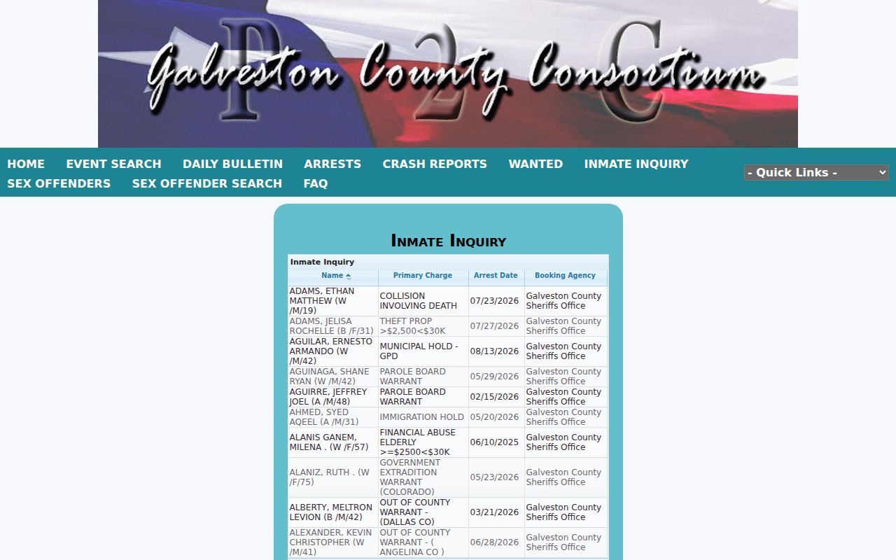 Texas City resident lookup using the Galveston County Sheriff P2C inquiry