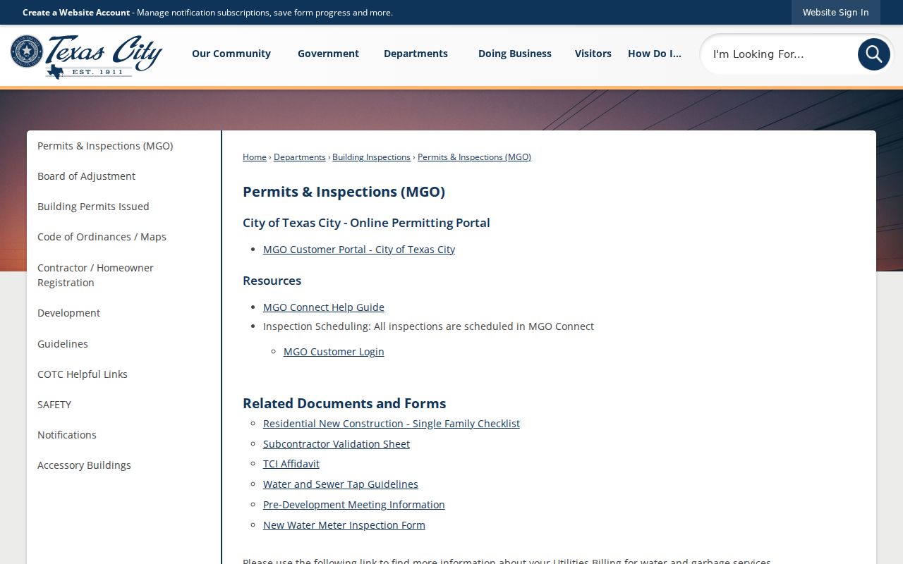 Texas City street directory view of the MGO permit and inspection portal